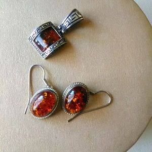 Sterling Silver Amber Earrings & Pendant